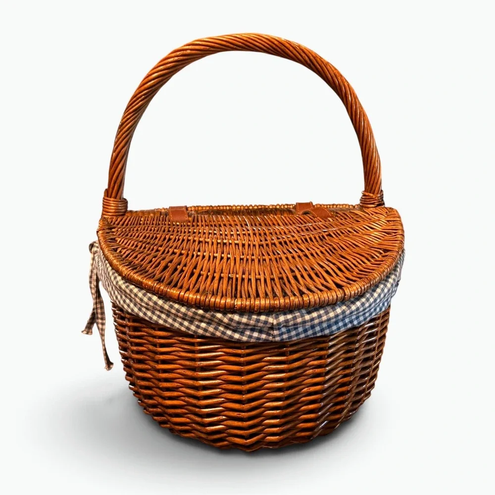 Cottagecore Wicker Picnic Basket Gingham Lined Double Lid Woven Hamper 18x13x9